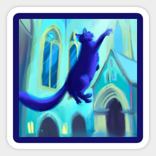 Blue Cat Jumps For Joy in Church Sticker